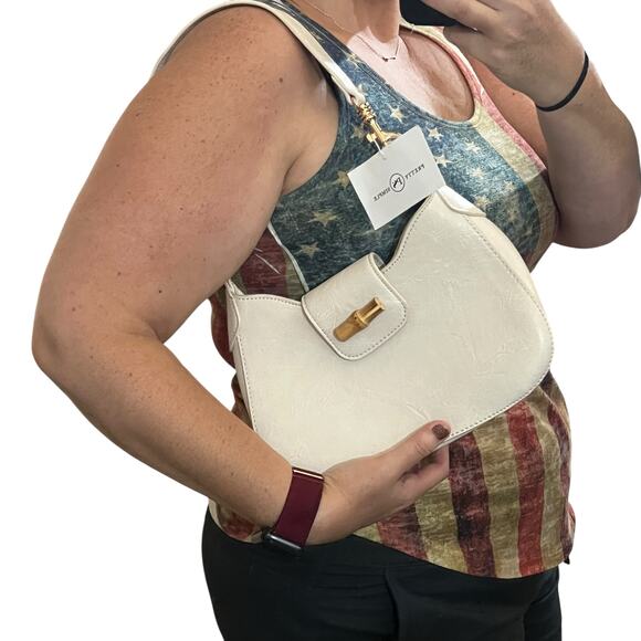 Pretty Simple Cream Vegan Leather Bamboo Shoulder Bag - Picture 8 of 14